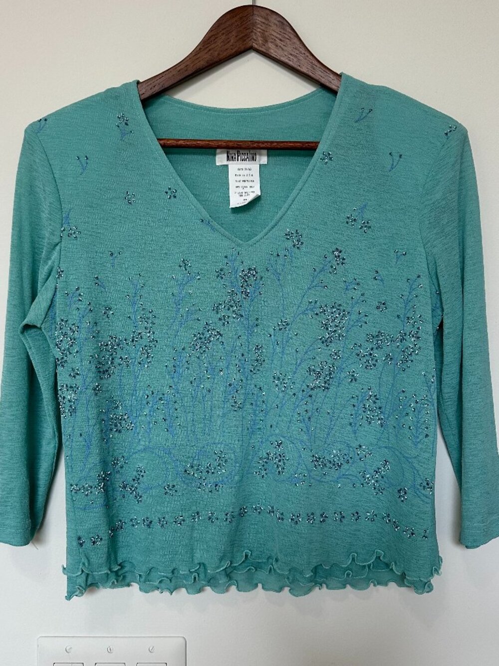 Vintage 90s/Y2K Nina Piccalino Teal Beaded Floral Top Size 8 ✨🧚